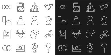 Kalp şeklinde çizgi balonlar, kalp eli, konum kilise binası, düğün pastası, elmas nişan yüzüğü, papyon ve kadın elbise ikonu. Vektör