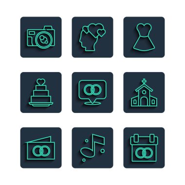 Set hattı tebrik kartı, müzik notu, takvim, kadın elbisesi, alyans, kalpli pasta fotoğraf makinesi ve kilise binası ikonu. Vektör