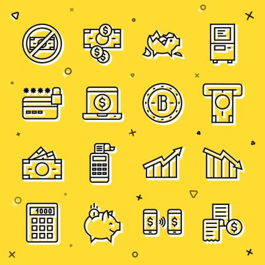 Kağıtlar ya da finansal çekler, finansal büyüme azalması, ATM ve para, bozuk domuz kumbarası, dolarlı dizüstü bilgisayar, kredi kartı kilidi, No ve Bitcoin simgesi. Vektör