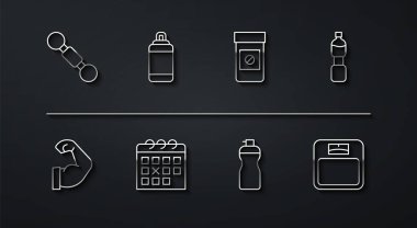 Set hattı Dumbbell, vücut geliştirme kası, bir şişe su, fitness karıştırıcı, takvim fitness, kum torbası, banyo terazisi ve anabolik uyuşturucu ikonu. Vektör