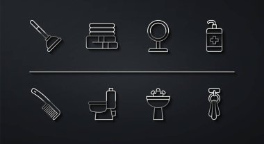 Halat pompası, saç fırçası, el temizleyici şişesi, su musluğu olan lavabo, klozet, havlu yığını, askı ve yuvarlak makyaj aynası ikonu. Vektör