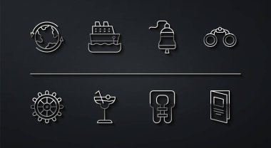 Hat dünya çapında, gemi direksiyonu, dürbün, can yeleği, kokteyl, yolcu gemisi, broşür ve çan simgesi. Vektör