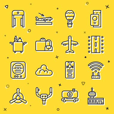 Havaalanı kontrol kulesi, Router ve wi-fi sinyali, pist, sıcak hava balonu, yiyecek için bavul, Trolley, havaalanı ve uçak ikonunda metal dedektörü ayarlayın. Vektör