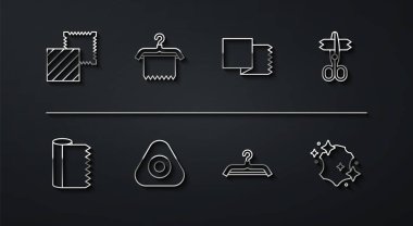 Tekstil kumaş rulosu, makas, askı dolabı, tebeşir, deri ve ikon dikin. Vektör