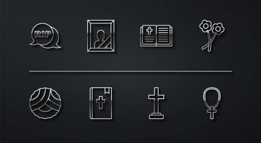 Konuşma baloncuğunun ölümü, Anma Çelengi, Haçlı Mezar, Kutsal İncil kitabı, Yas tutulan fotoğraf çerçevesi, Zincirli ve İkonlu Hristiyan. Vektör