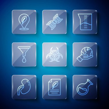 Hat insan böbreği, yaprak, deney tüpü ve mataralı eko kağıt, laboratuvar cam sürahisi ya da deney tüpü, biyolojik tehlike sembolü, huni filtresi, Dünya 'yı tutan yer ve el ikonu. Vektör