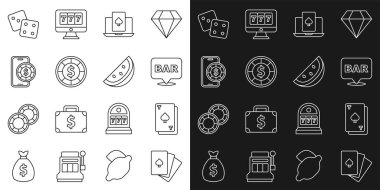 Oyun kartları, maça oyunları, alkol barı konumu, online poker masası oyunu, kumarhane çipleri, oyun zarları ve slot makinesi karpuz simgesi. Vektör