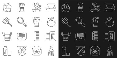 Set hattı Barrette, berber dükkanı direği, lavabo, şampuan şişesi, el aynası, saç fırçası, köpüklü sabun ve tıbbi kauçuk eldiven ikonu. Vektör