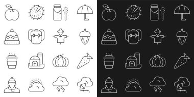 Set hattı Kite, Havuç, Meşe palamudu, kavanoz bal ve dipper çubuğu, okul çantası, kış şapkası, elma ve korkuluk ikonu. Vektör