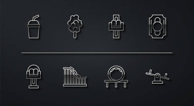 Sulu kağıt bardak, Cazibe Atlıkarınca, Sirk bileti, lunapark treni, pamuk şeker, tahterevalli ve ikon. Vektör