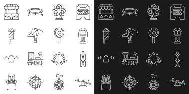 Seesaw hattı, sirk bileti, Cazibe atlıkarınca, dönme dolap, sıcak hava balonu, havai fişek roketi, bilet gişesi ve lolipop ikonu. Vektör