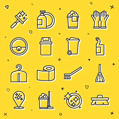 Temizlik için halat fırçası, süpürge, bulaşık deterjanı, köpüklü kova, çöp tenekesi, elektrikli süpürge, plastik pencereler ve ikon. Vektör