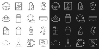 Ev temizlik servisi, sünger, elektrikli süpürge, çöp tenekesi, ıslak mendil, robot süpürge ve bulaşık yıkama ikonu. Vektör