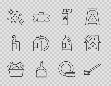 Sabun köpüklü leğen, temizlik fırçası, oda spreyi şişesi, faraş, ev servisi, bulaşık deterjanı, bulaşık yıkama ve ikon. Vektör