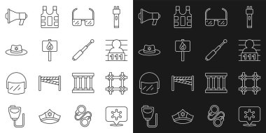 Hat Hexagram Şerifi, Hapishane Penceresi, Şüpheli Suçlu, Güvenlik Gözlüğü Gözlüğü, Protesto, Rozetli Şerif Şapkası, Megafon ve Teleskopik baton ikonu. Vektör