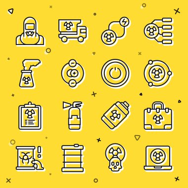 Nükleer dizüstü bilgisayar, Radyasyon nükleer bavulu, Radyoaktif, Değişim enerjisi, Atom, enerji santrali, reaktör işçisi ve Güç düğmesi simgesi. Vektör