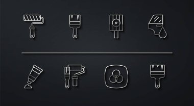 Çizgi boyası fırçası, boya paletli tüp, araba boyası, RGB ve CMYK renk karışımı ve sprey sprey başlık simgesi. Vektör