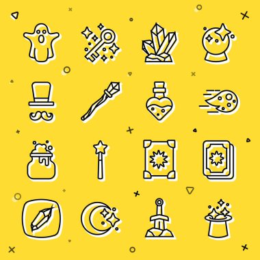 Sihirli şapka, Tarot kartları, ateş topu, taş, asa, sihirbaz, iksir ikonlu Hayalet ve Şişe. Vektör