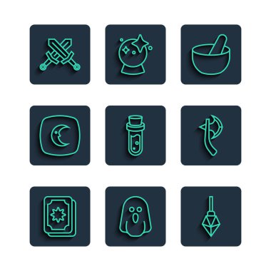 Tarot kartları, Hayalet, Sihirli Taş, cadı kazanı, iksirli şişe, ay ve yıldızlar, çapraz ortaçağ kılıcı ve tahta balta ikonu. Vektör