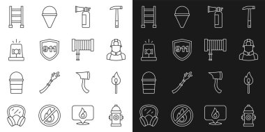 Yangın musluğu, yangın söndürme kibriti, itfaiyeci, yangın söndürücü, acil yardım çağrısı 911, flaş siren, firar ve hortum makarası ikonu. Vektör