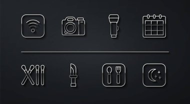 Wi-Fi kablosuz internet, kibrit çöpü, takvim, çatal ve kaşık, bıçak, fotoğraf makinesi, ay yıldızları ve el feneri ikonu ayarla. Vektör