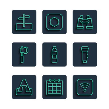 Hat çadırı, takvim, kablosuz internet, dürbün, su şişesi, tahta balta, trafik ışığı ve el feneri simgesi. Vektör