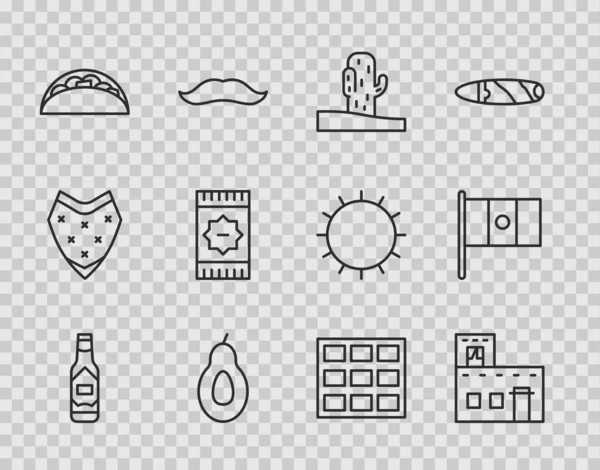采购产品设置线Tabasco酱油 墨西哥房子 仙人掌 塔科与玉米饼 巧克力棒和墨西哥国旗图标 — 图库矢量图片