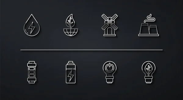 Définir Ligne Énergie Eau Batterie Usine Ampoule Avec Foudre Globe — Image vectorielle