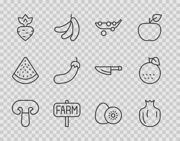采购产品设置线蘑菇 定位农场 猕猴桃和橙子图标 — 图库矢量图片