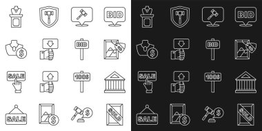 Satılmış açık artırma tablosu, müze binası, çekiç, açık arttırma raketi, mücevher satışı ve ikon. Vektör