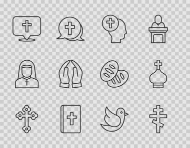 Hristiyan haçı, rahip, kutsal kitap, kilise binası, dua eden eller, güvercin ve kule ikonu. Vektör