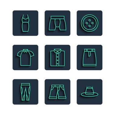 Sıralı taytlar, kısa pantolon, erkek şapkası, dikiş düğmesi, gömlek, polo gömlek, kadın elbisesi ve etek ikonu. Vektör