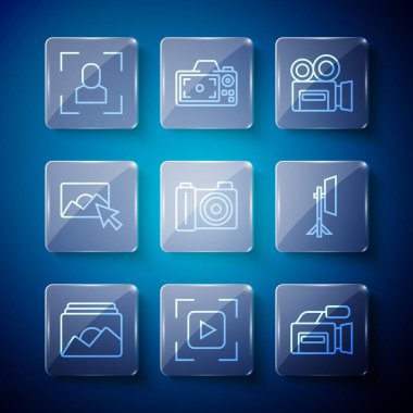 Set hattı Fotoğraf çerçevesi, Kamera odak hattı, Sinema kamerası, Retro sinema, rötuş ve Stüdyo ampul softbox ikonu. Vektör