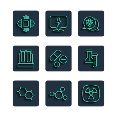 Chemical Formülü, Molekül, Radyoaktif, Atom, Medicine hap tableti, Test tüpü, İşlemci İşlemcisi ve ikonu ayarla. Vektör