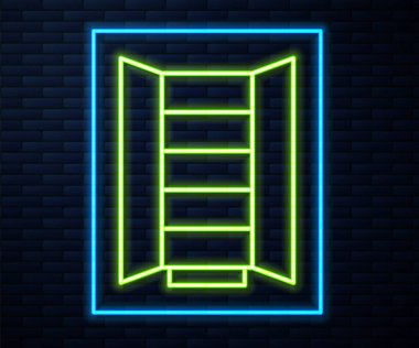 Glowing neon line Wardrobe icon isolated on brick wall background. Cupboard sign.  Vector