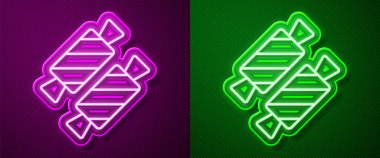 Parlayan neon çizgisi Candy simgesi mor ve yeşil arkaplanda izole edildi. Sevgililer günün kutlu olsun. Vektör