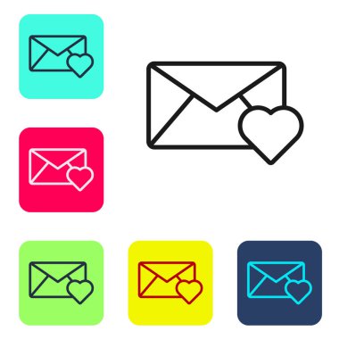 Beyaz arka planda Sevgililer Günü kalp ikonu olan siyah çizgi zarfı. Mesaj aşkım. Aşk ve romantizm mektubu. Renkli kare düğmelerle simgeleri ayarla. Vektör