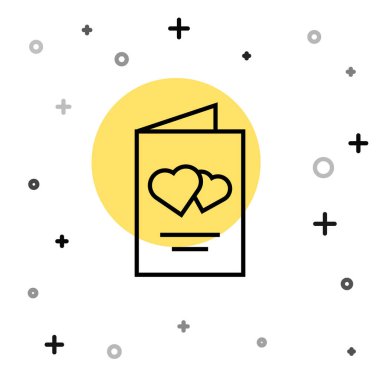 Beyaz arka planda kalp ikonu olan siyah çizgi Sevgililer Günü broşürü. Kutlama için davetiye ya da tebrik kartı şablonu. Rastgele dinamik şekiller. Vektör