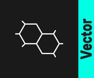 Beyaz çizgi kimyasal formül ikonu siyah arkaplanda izole edildi. Yenilikçi tıp, sağlık, araştırma ve bilim için soyut altıgen. Vektör