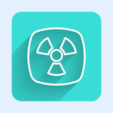 Beyaz çizgi Radyoaktif simge uzun gölge arkaplan izole. Radyoaktif zehirli sembol. Radyasyon tehlikesi işareti. Yeşil kare düğmesi. Vektör