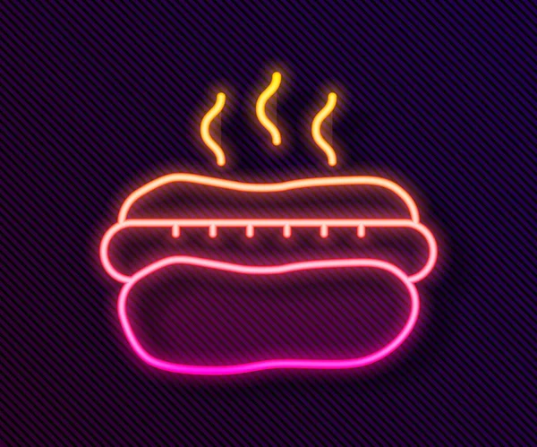 ネオンラインを輝く黒の背景に隔離されたマスタードアイコンを持つホットドッグサンドイッチ ソーセージのアイコン ファーストフードの看板 ベクトル — ストックベクタ