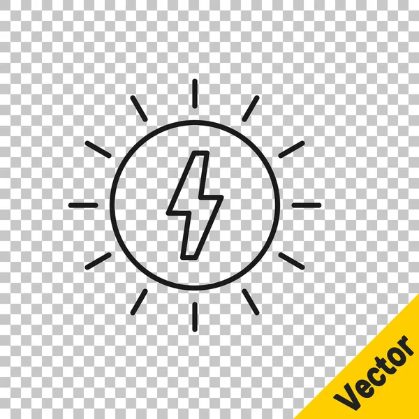 ブラックライン透明な背景に太陽エネルギーパネルアイコンが隔離されています 雷のシンボルと太陽 ベクトル — ストックベクタ