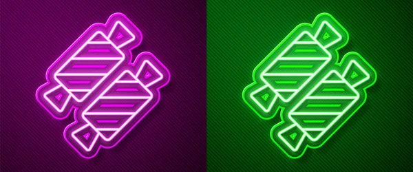 Glowing Neon Line Candy Icon Isolated Purple Green Background Happy — Stock Vector