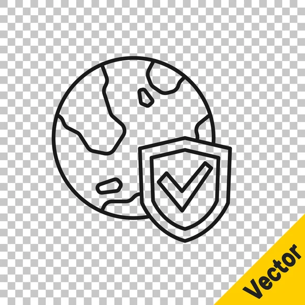 Black Line Shield Mit Weltkugelsymbol Isoliert Auf Transparentem Hintergrund Versicherungskonzept — Stockvektor
