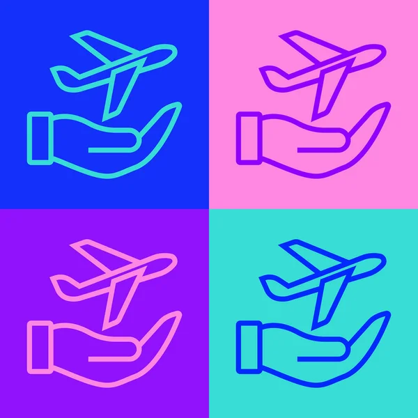 Pop Art Line Letadlo Ruce Ikona Izolované Barevném Pozadí Létající — Stockový vektor
