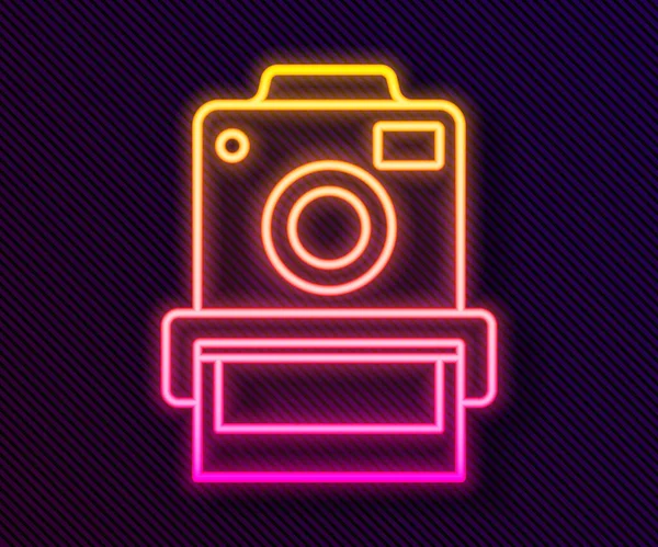 Świecąca Neonowa Linia Ikona Kamery Fotograficznej Odizolowana Czarnym Tle Kamera — Wektor stockowy