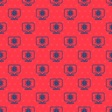 Mavi çizgi Atom simgesi kırmızı arkaplanda izole edilmiş. Bilimin, eğitimin, nükleer fiziğin, bilimsel araştırmaların sembolü. Vektör