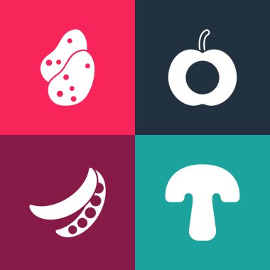 Pop sanat mantarı, bezelye, şeftali ve patates ikonu koy. Vektör