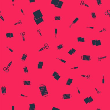 Dikiş ipliğini makaraya, tekstil kumaş rulosuna, makas ve Awl aletine dikişsiz desene ayarlayın. Vektör