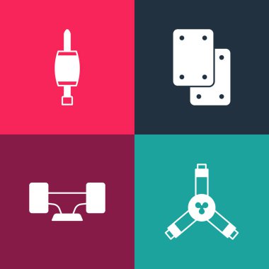 Pop Art Skateboard Y-aracını, tekerleği, dizlikleri ve tornavida simgesini ayarla. Vektör